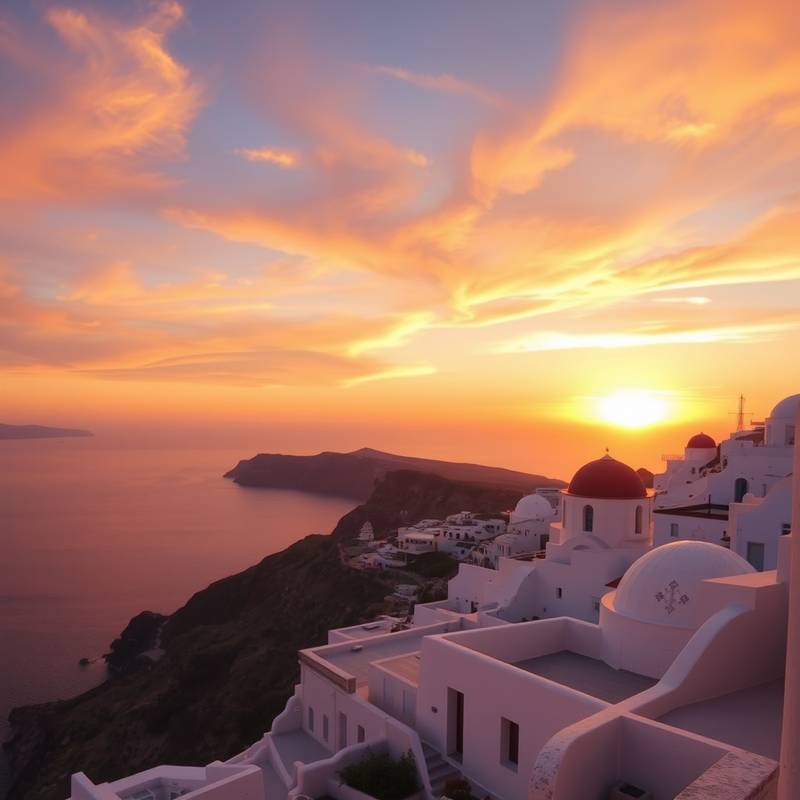 Casas blancas en Santorini, Grecia, con vistas al mar Egeo y una puesta de sol espectacular.