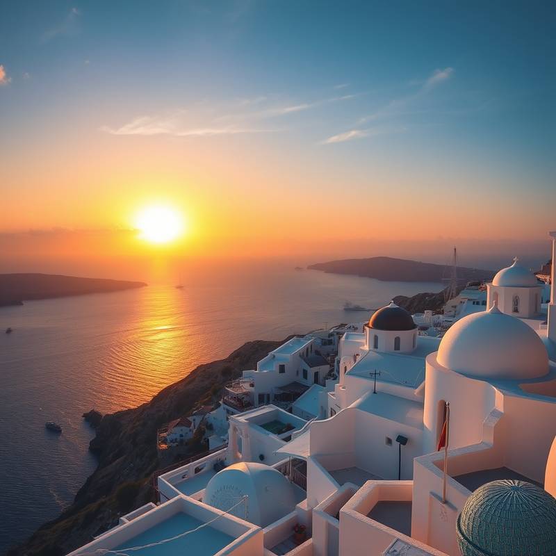 Casas blancas en Santorini, Grecia, con vistas al mar Egeo y una puesta de sol espectacular.