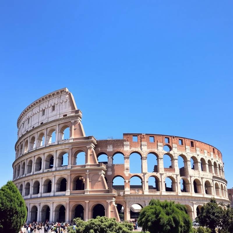 El Coliseo Romano en Roma, Italia, con un cielo azul despejado de fondo.