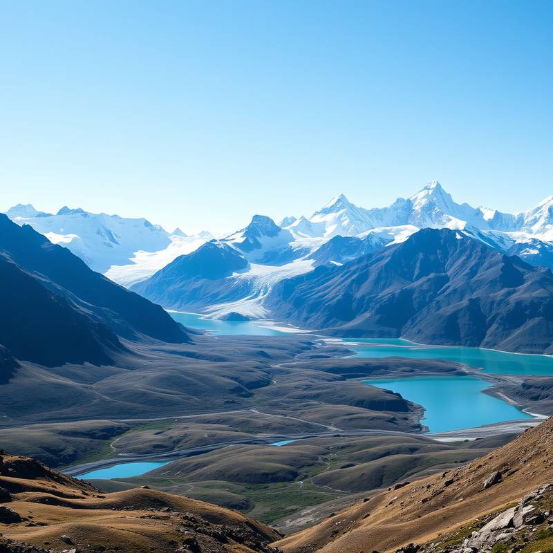 Impresionantes montañas y glaciares en la Patagonia, con lagos azules y cielos despejados.
