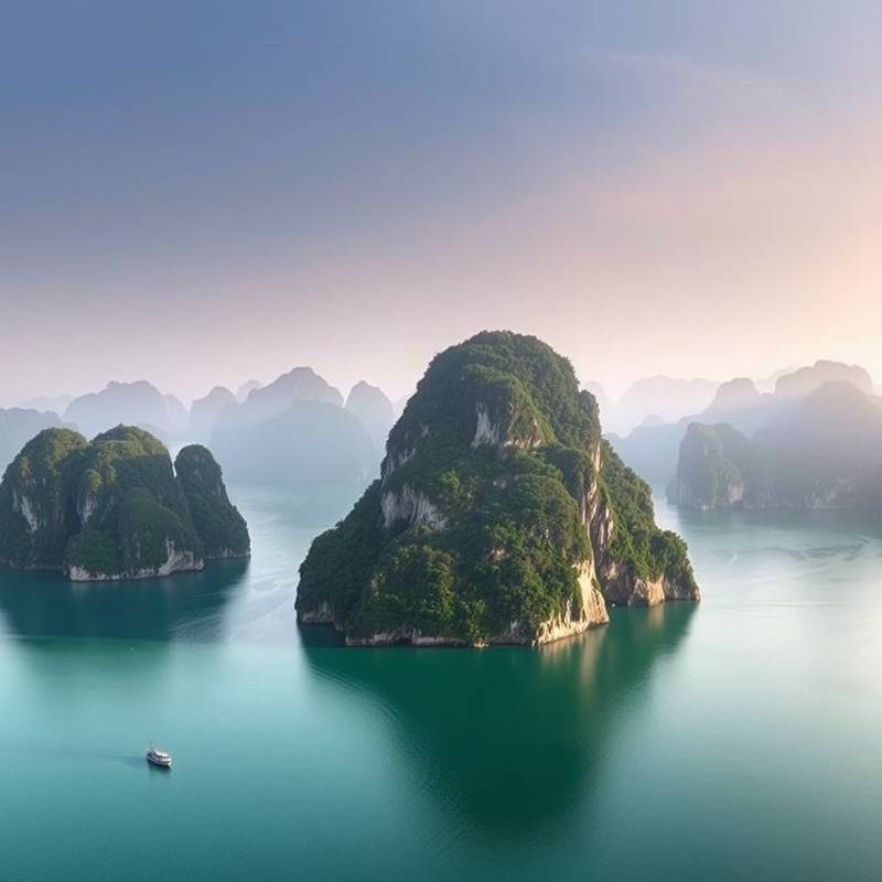 La bahía de Halong en Vietnam, con miles de islas de piedra caliza emergiendo de las aguas esmeralda.