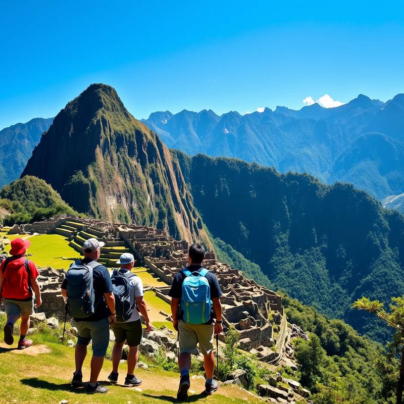 Senderistas caminando por el Camino Inca hacia Machu Picchu, con vistas impresionantes de las montañas y la selva.