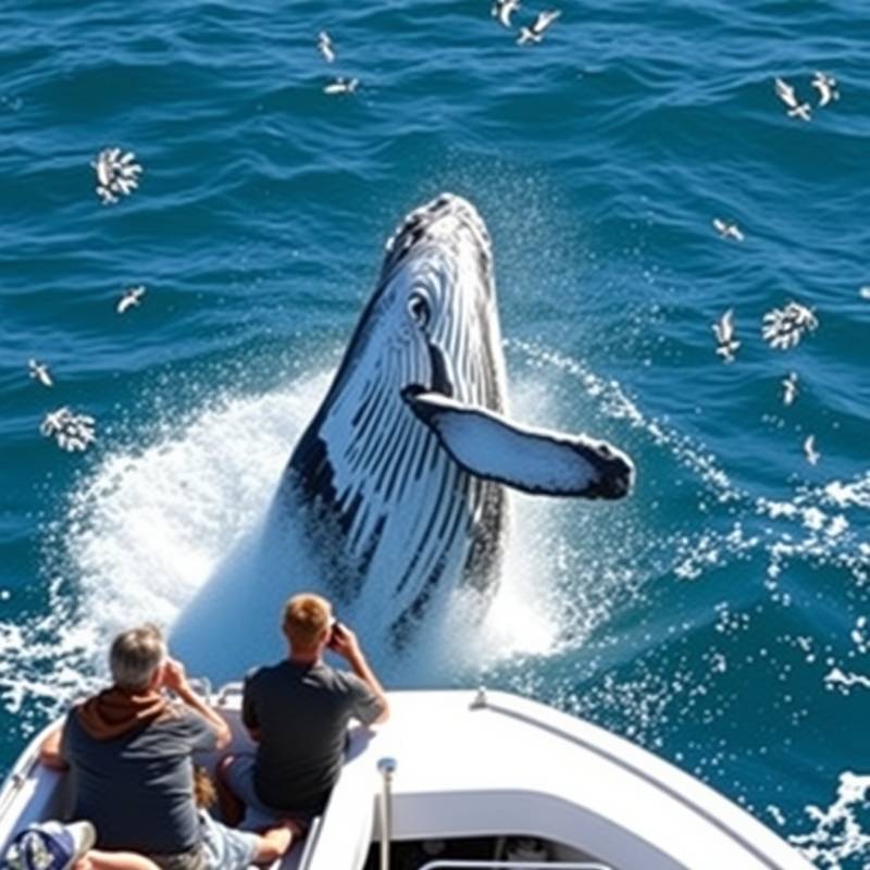 Un barco de avistamiento de ballenas con turistas observando una ballena jorobada saltando fuera del agua.
