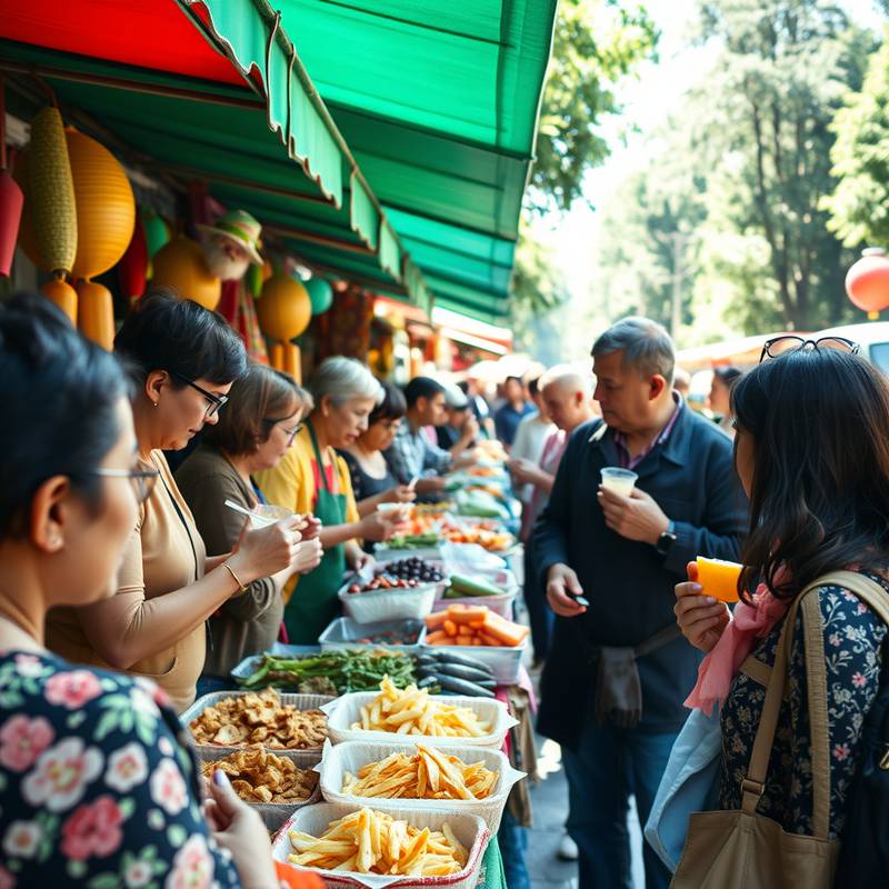 Un grupo de personas disfrutando de un tour gastronómico probando diferentes tipos de comida local en un mercado.