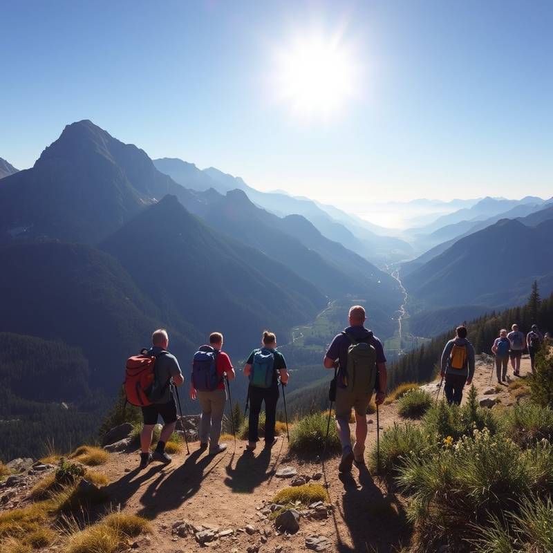 Un grupo de personas haciendo senderismo en una ruta de montaña con vistas panorámicas.