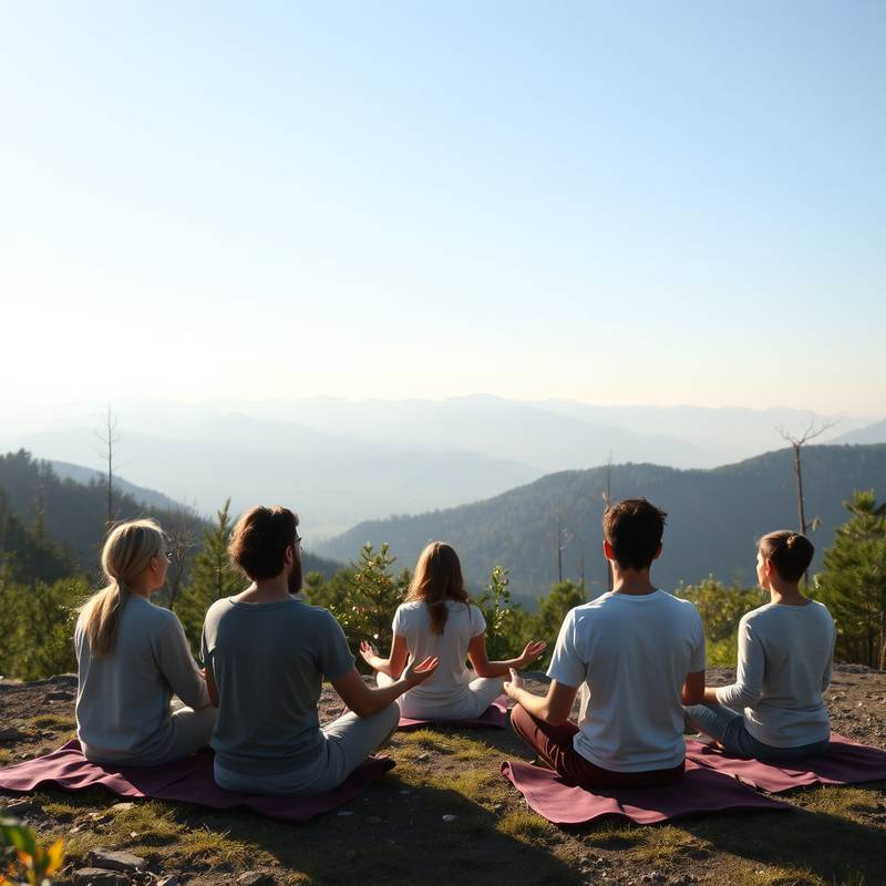 Un grupo de personas meditando al aire libre en un entorno tranquilo con vistas a las montañas.