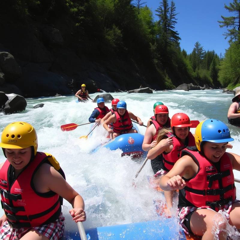 Un grupo de personas practicando rafting en un río de aguas bravas con chalecos salvavidas y cascos.