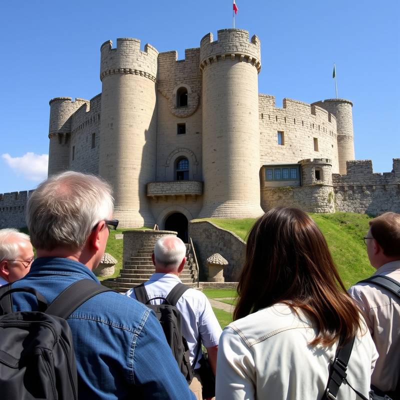 Un guía turístico explicando la historia de un antiguo castillo a un grupo de turistas.