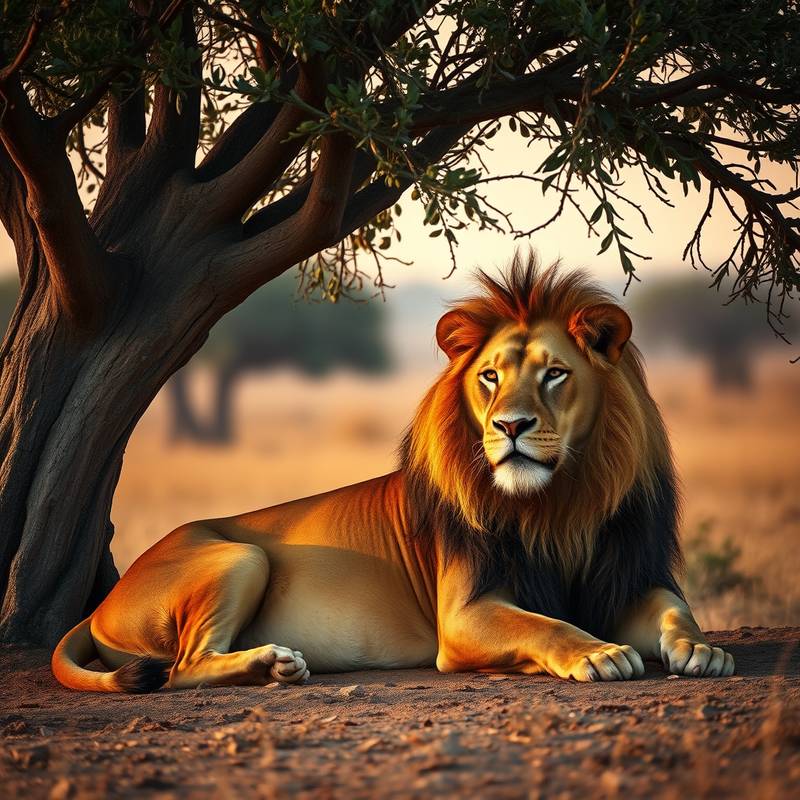 Un majestuoso león macho descansando bajo un árbol de acacia en la sabana africana durante un safari.