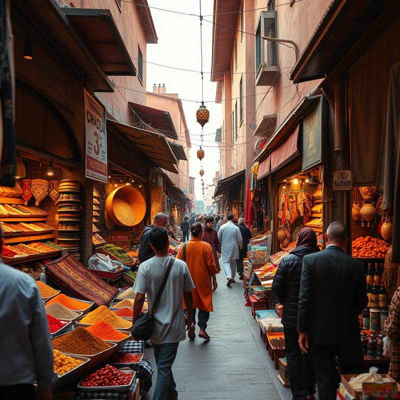 Un mercado bullicioso en Marrakech, Marruecos, con puestos llenos de especias, alfombras y artesanías.