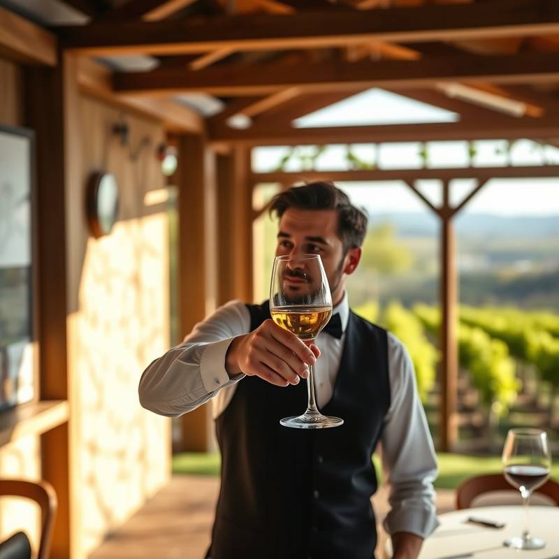 Un sumiller sirviendo vino en una cata de vinos en una bodega con viñedos al fondo.