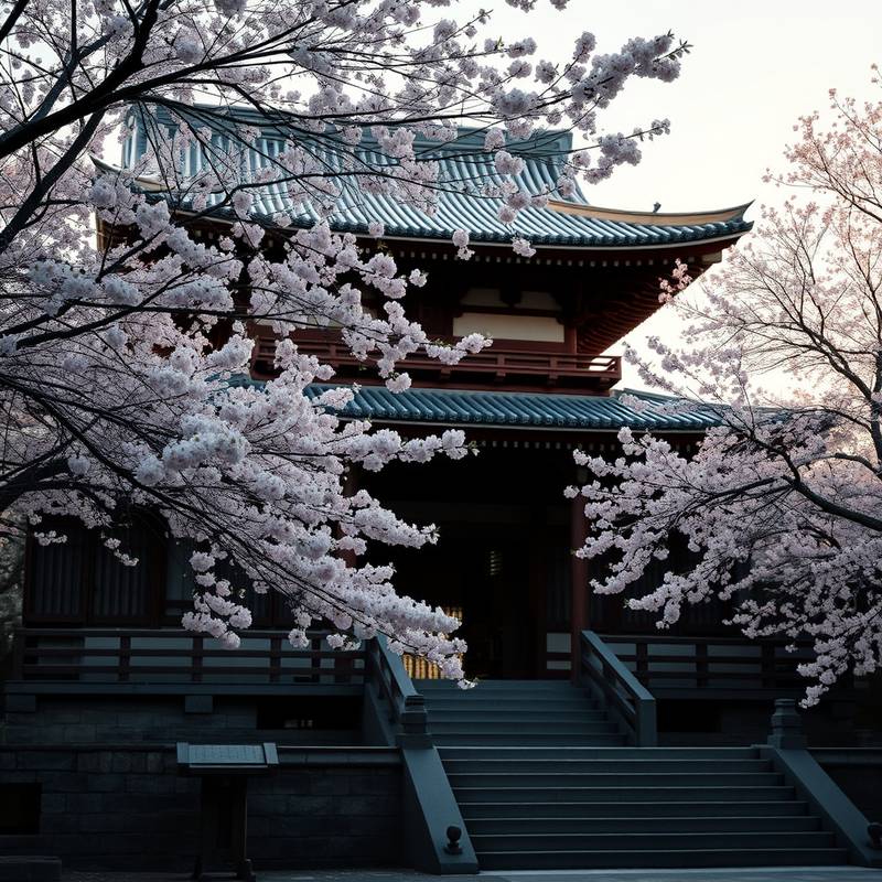 Un templo tradicional japonés en Kyoto, rodeado de cerezos en flor.