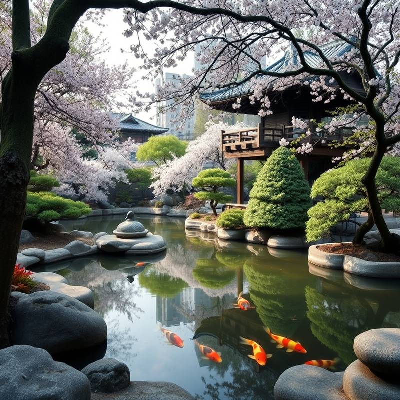 Un tranquilo jardín japonés en Kyoto, con un estanque de carpas koi y cerezos en flor.