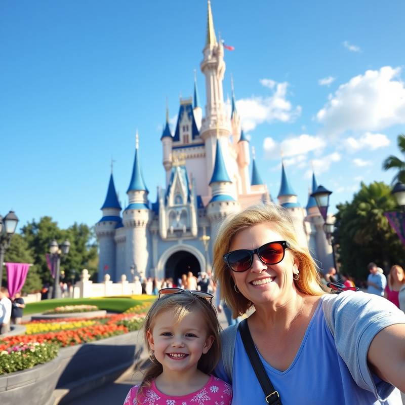 Una familia disfrutando de un día en Disneyland, con el castillo de Cenicienta de fondo.