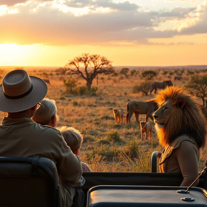 Una familia en un safari en África, observando leones en su hábitat natural.