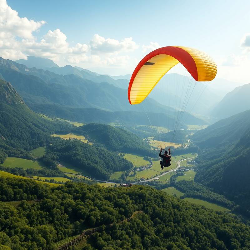 Una persona volando en parapente sobre un valle verde y montañoso.