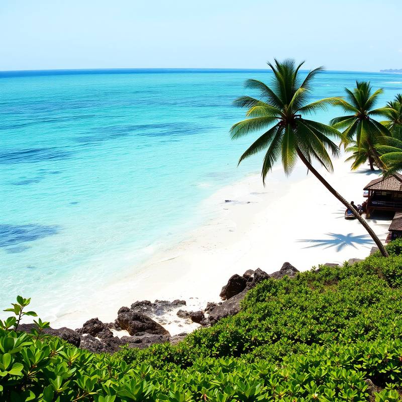 Una playa de arena blanca en Bali, Indonesia, con aguas turquesas y palmeras.