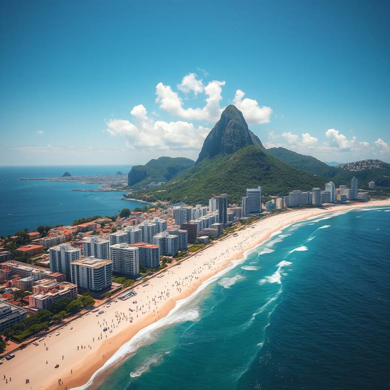 Vista aérea de la playa de Copacabana en Río de Janeiro, Brasil, con el Pan de Azúcar al fondo.
