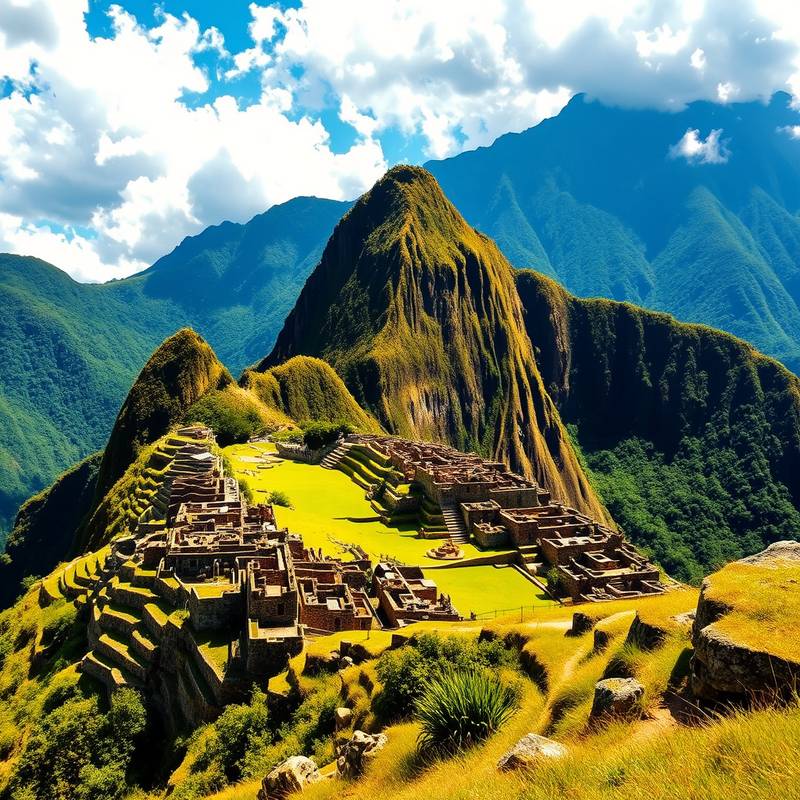 Vista impresionante de las ruinas de Machu Picchu en Perú, rodeadas de montañas verdes.