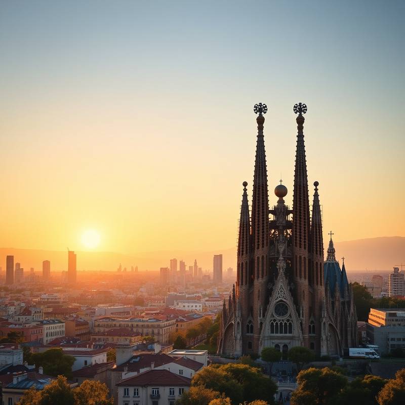 Vista panorámica de Barcelona, España, con la Sagrada Familia destacando en el horizonte.