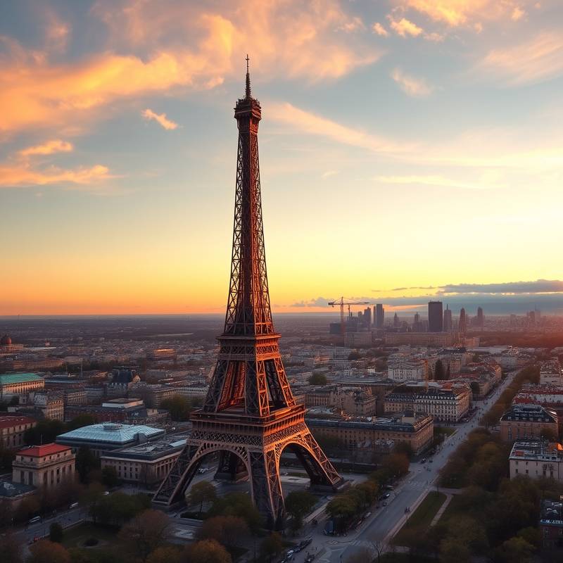 Vista panorámica de la Torre Eiffel en París al atardecer.