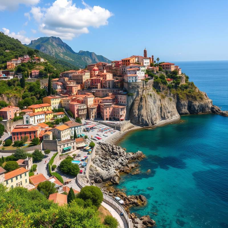 Vistas panorámicas de la costa de Amalfi en Italia, con pueblos pintorescos aferrados a los acantilados y aguas turquesas.